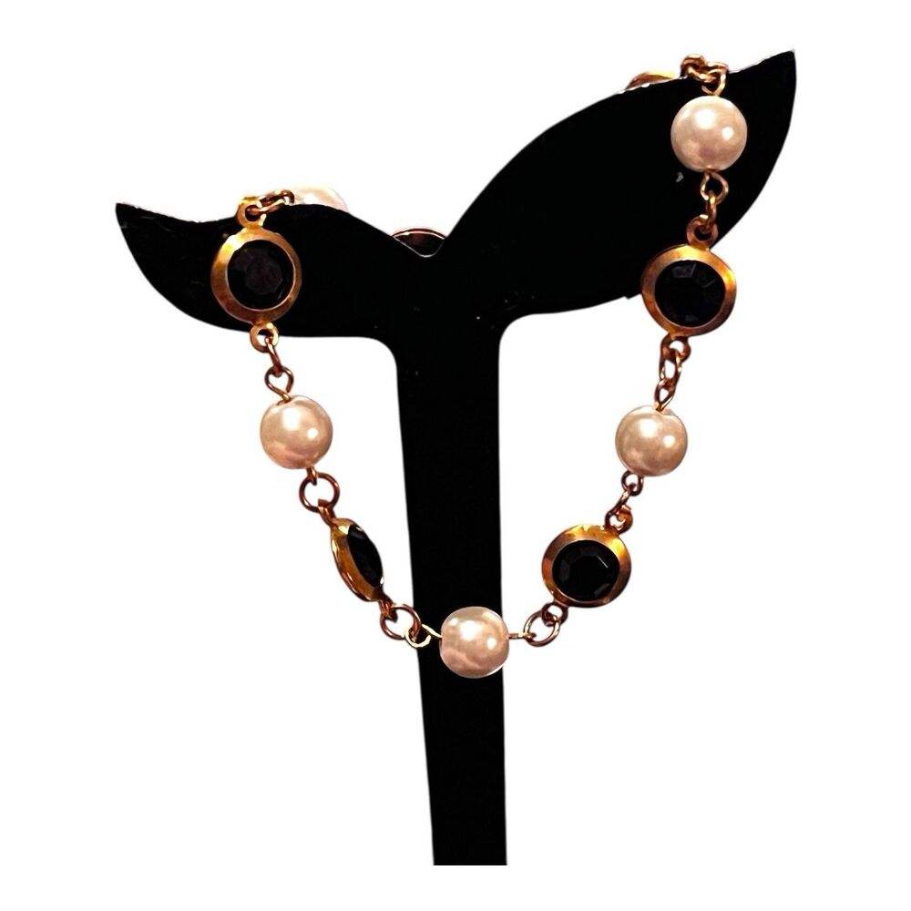 Vintage Faux Pearl & Acrylic Faceted Stones Gold Tone Bracelet Retro Mid Century - Picture 3 of 7